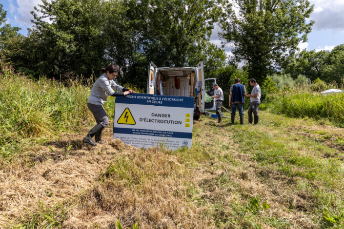 Un officier de l'Office français de la biodiversité place un panneau indiquant : pêche scientifique à l'électricité en cours, danger d'électrocution.