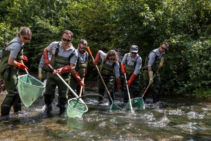 Policiers de l environnement et membres de l Office français de la biodiversité réalisent une pêche électrique avec des filets et des épuisettes